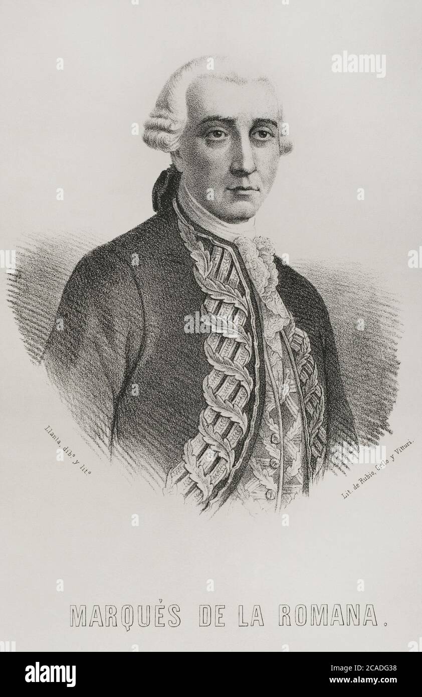 Pedro Caro y Sureda (1761-1811). 3e marquis de la Romana. Général espagnol de la guerre péninsulaire. Portrait. Cronica général de España. Historia Ilustrada y Descriptiva de sus Provincias. Valence, 1867. Banque D'Images