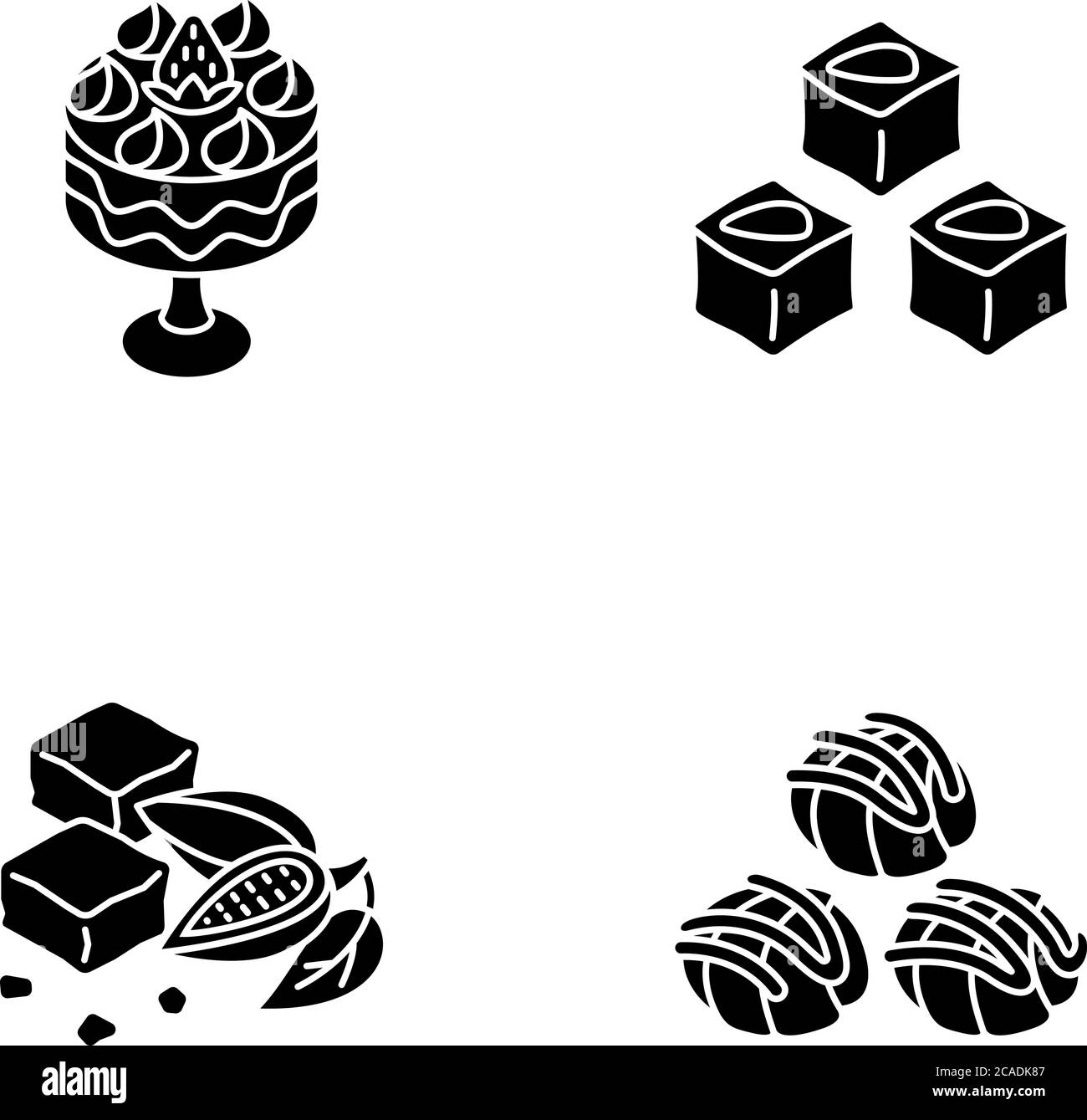 Les icônes de glyphe noir de bonbons traditionnels sont placées sur un espace blanc. Profiteroles. Brownies classiques. Délice turc. Trifle avec fraises. Dessert anglais. S Illustration de Vecteur
