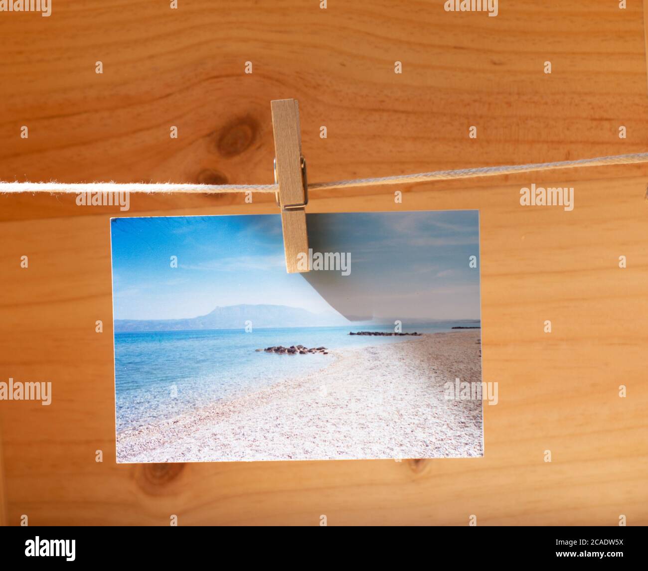 Belles photos accrochées avec des épingles à linge sur fond en bois Banque D'Images