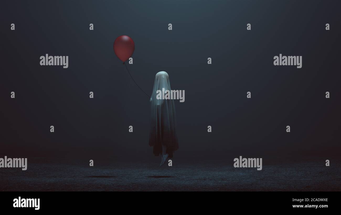 L'Esprit du mal flottant d'un enfant avec un ballon rouge Dans une illustration 3d de vide brumeux Banque D'Images