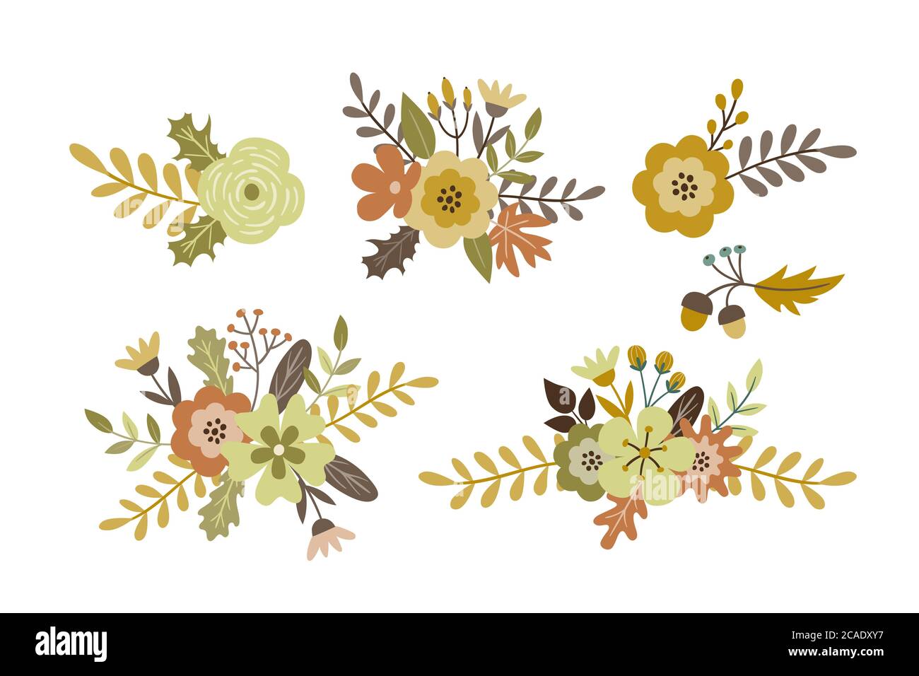Bouquets de fleurs mignons pour l'automne. Éléments vectoriels décoratifs, isolés sur fond blanc. Illustration de Vecteur