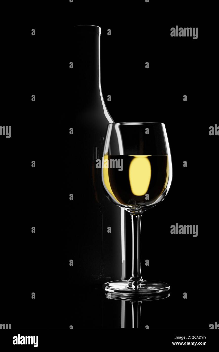 Verre de vin blanc à côté d'une bouteille rétroéclairé sur fond noir. illustration 3d. Banque D'Images