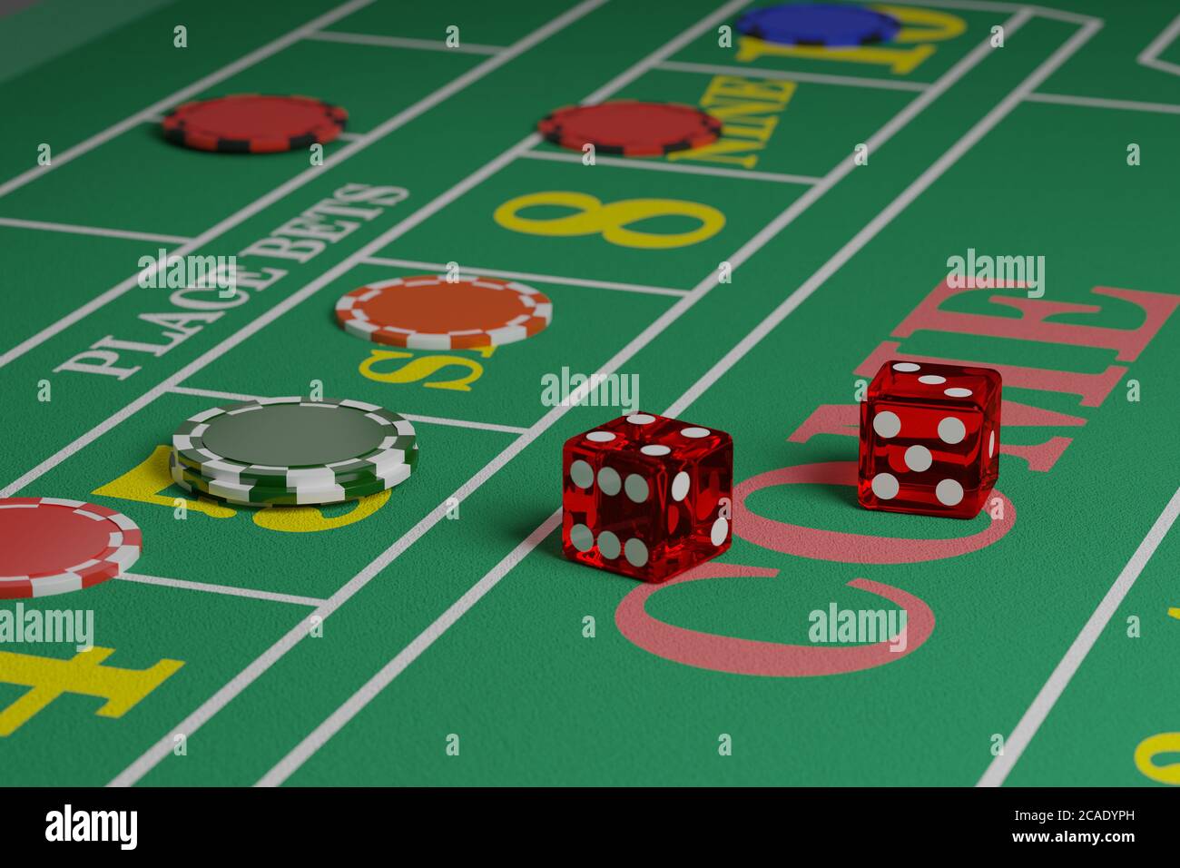 Deux dés sur une table de craps à côté de quelques jetons. illustration 3d. Banque D'Images