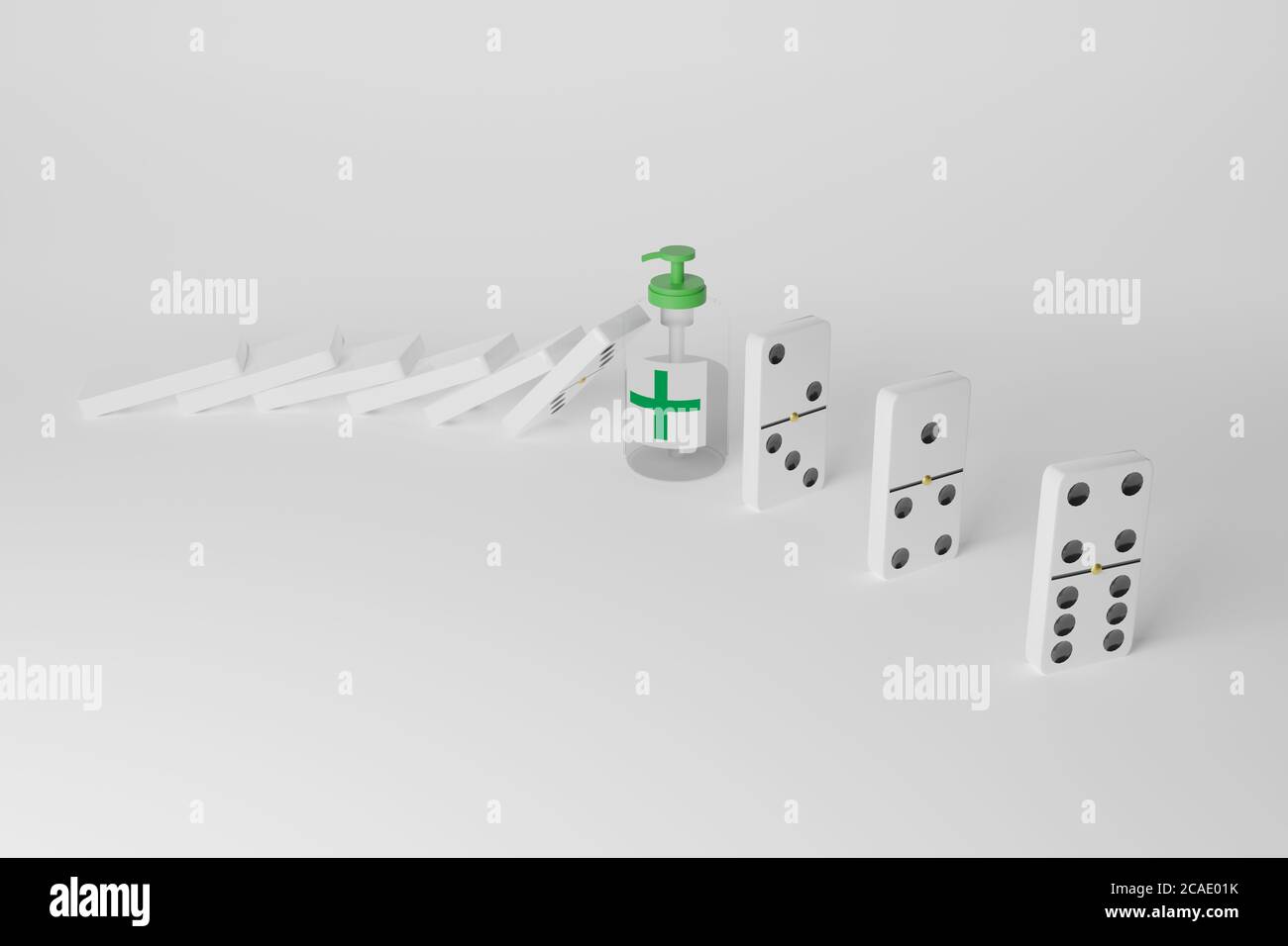 La bouteille d'alcool en gel empêche les dominos de tomber sur fond blanc. Nouveau concept normal. Banque D'Images