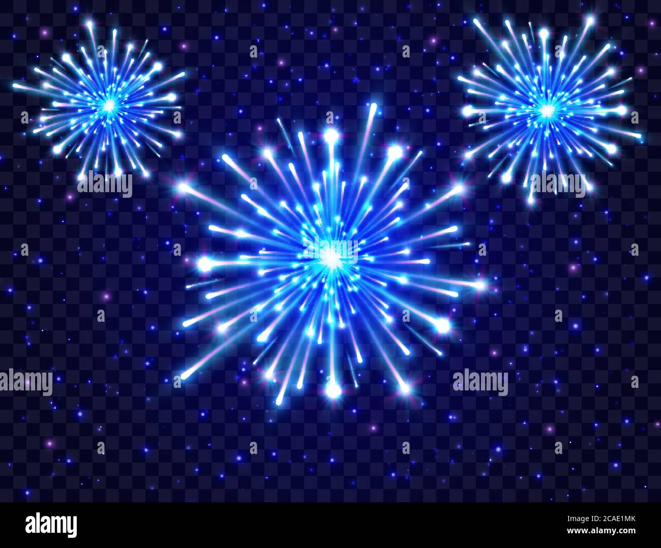 Feux d'artifice colorés au néon dans le ciel nocturne. Feux d'artifice lumineux sur fond transparent. Nouvelle année de conception. Étoile bleue en rafale. Illustration vectorielle. Illustration de Vecteur