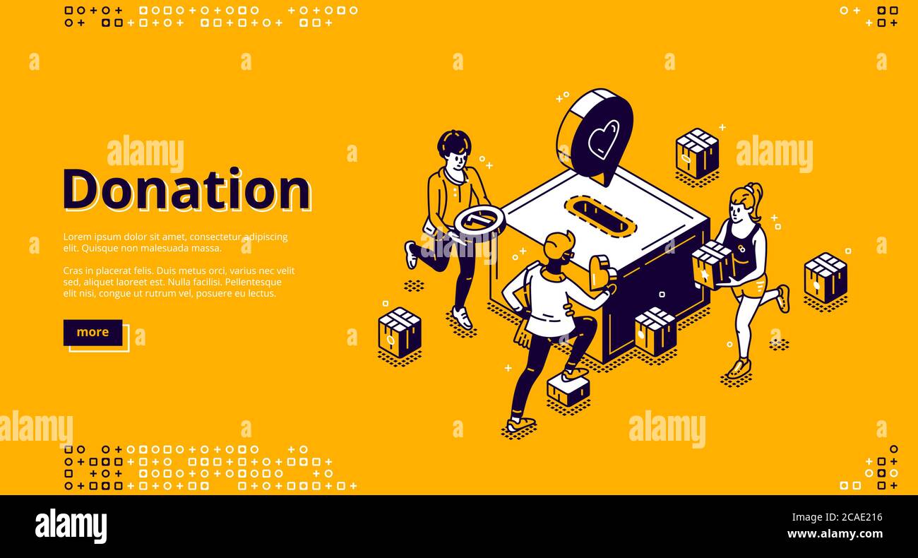Page d'accueil isométrique pour dons et œuvres de bienfaisance. Les gens ont mis des pièces de monnaie dans un énorme emplacement de boîte d'argent. Bénévolat et aide sociale concept, solidarité et aide à la fondation, philanthropie 3d vecteur ligne art bannière Web Illustration de Vecteur