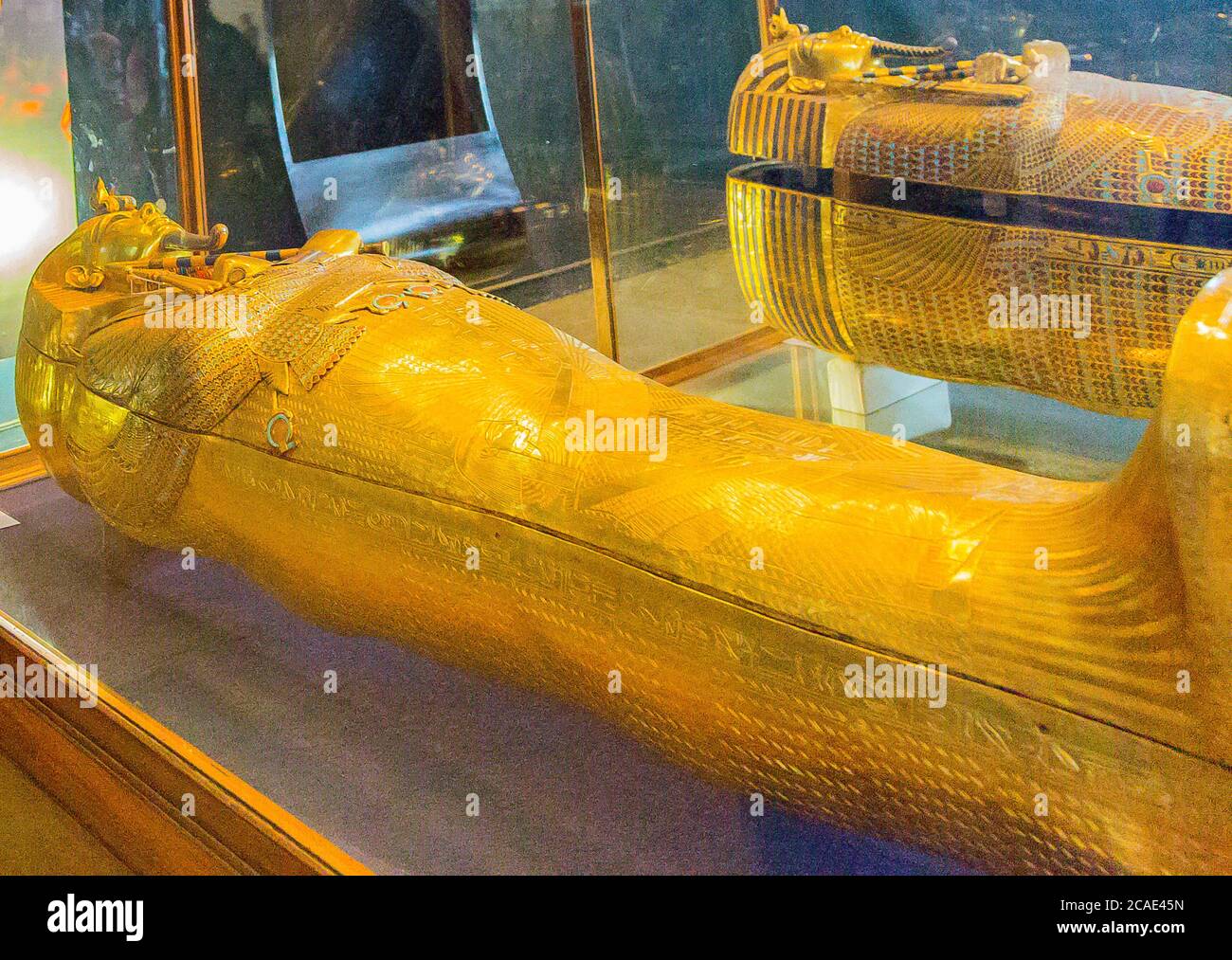 Egypte, le Caire, bijoux Toutankhamon, de sa tombe à Louxor : le troisième cercueil (le plus intérieur), 110 kg d'or massif. Banque D'Images
