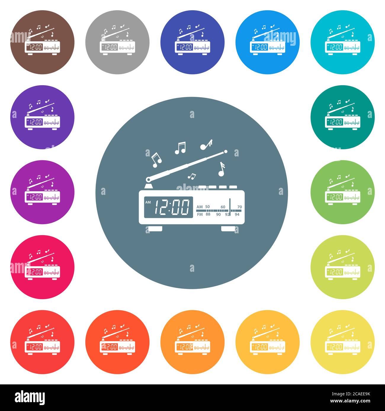 Radio-réveil vintage avec icônes blanches plates sur fond rond. 17 couleurs d'arrière-plan sont incluses. Illustration de Vecteur