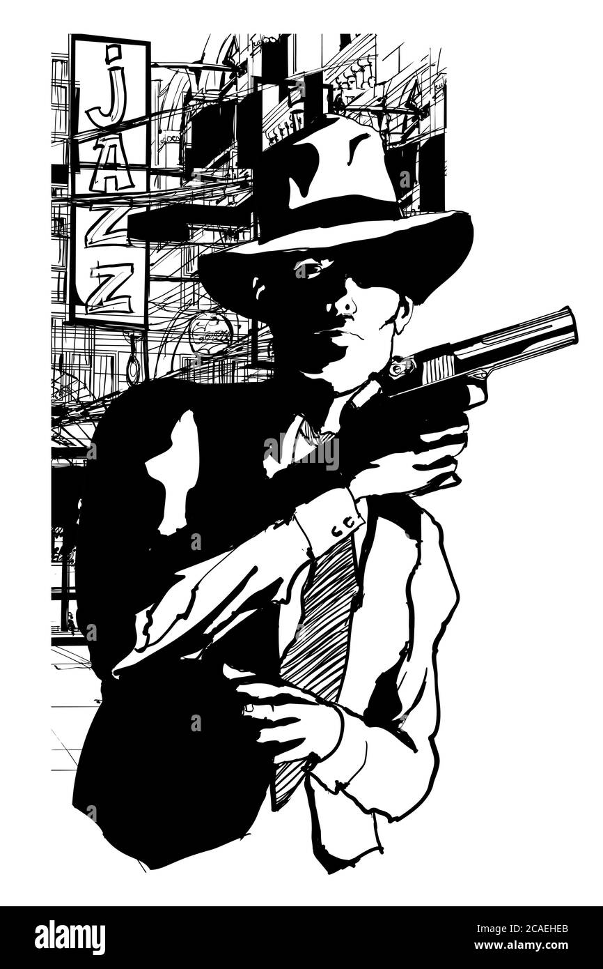 Gangster avec un pistolet dans le style de 1950 film noir et blanc - illustration vectorielle (idéal pour l'impression sur tissu ou papier, poster ou papier peint, huous Illustration de Vecteur