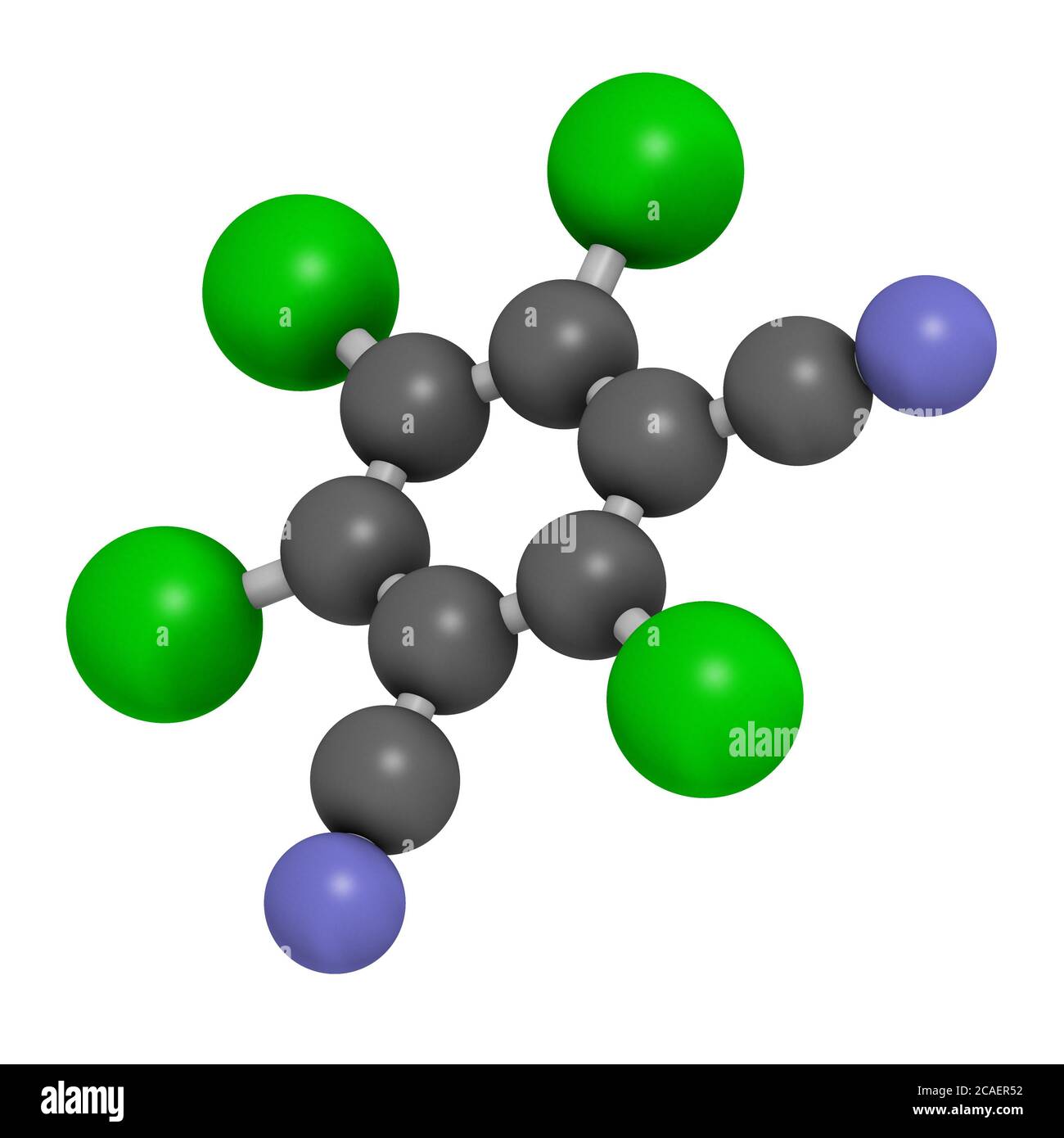 Molécule de pesticide chlorthalonil. Rendu 3D. Les atomes sont représentés sous forme de sphères avec un codage couleur conventionnel : carbone (gris), azote (bleu), chlo Banque D'Images