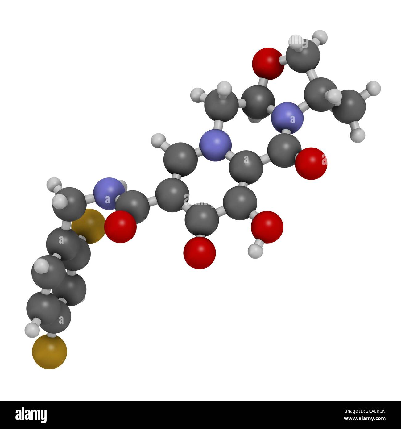 Molécule de médicament de Cabotégravir contre le VIH (inhibiteur de l'intégrase). Rendu 3D. Les atomes sont représentés sous forme de sphères avec un codage couleur conventionnel : hydrogène (blanc), Banque D'Images