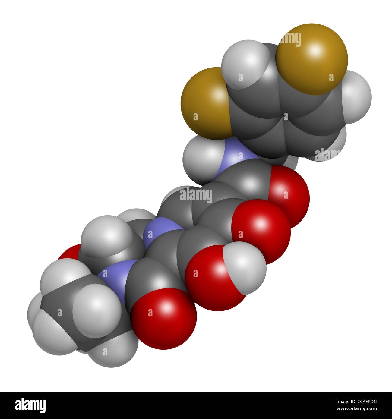 Molécule de médicament de Cabotégravir contre le VIH (inhibiteur de l'intégrase). Rendu 3D. Les atomes sont représentés sous forme de sphères avec un codage couleur conventionnel : hydrogène (blanc), Banque D'Images