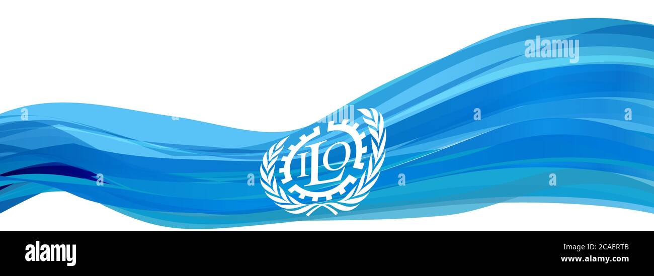 Drapeau bleu clair avec le logo de l'Organisation internationale du travail Banque D'Images