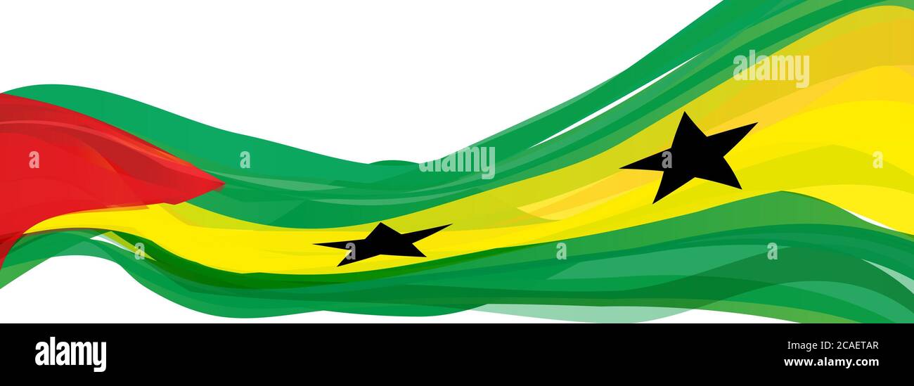 Jaune vert avec un triangle rouge et cinq étoiles noires pointues sur le drapeau de la République démocratique de Sao Tomé-et-principe Banque D'Images