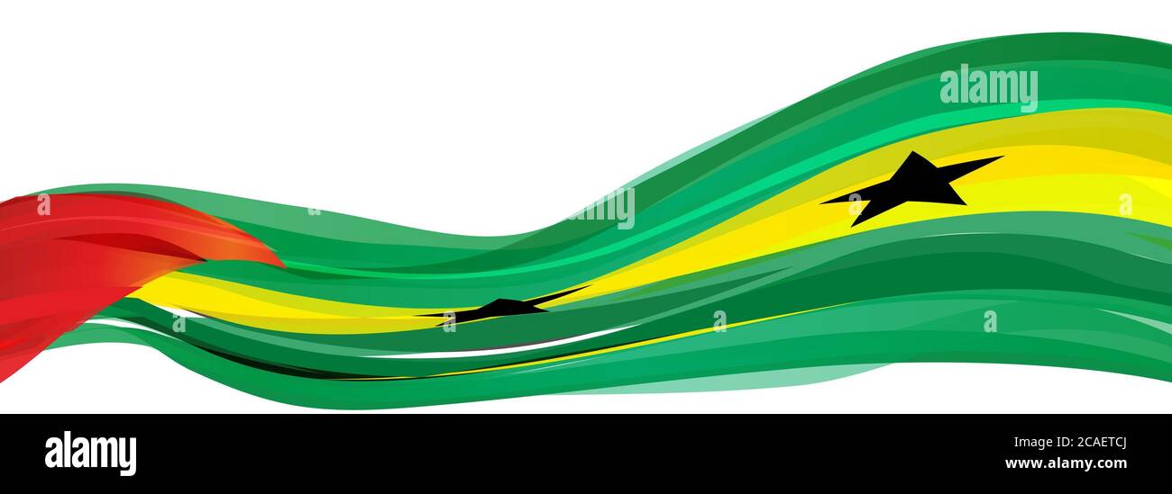 Jaune vert avec un triangle rouge et cinq étoiles noires pointues sur le drapeau de la République démocratique de Sao Tomé-et-principe Banque D'Images