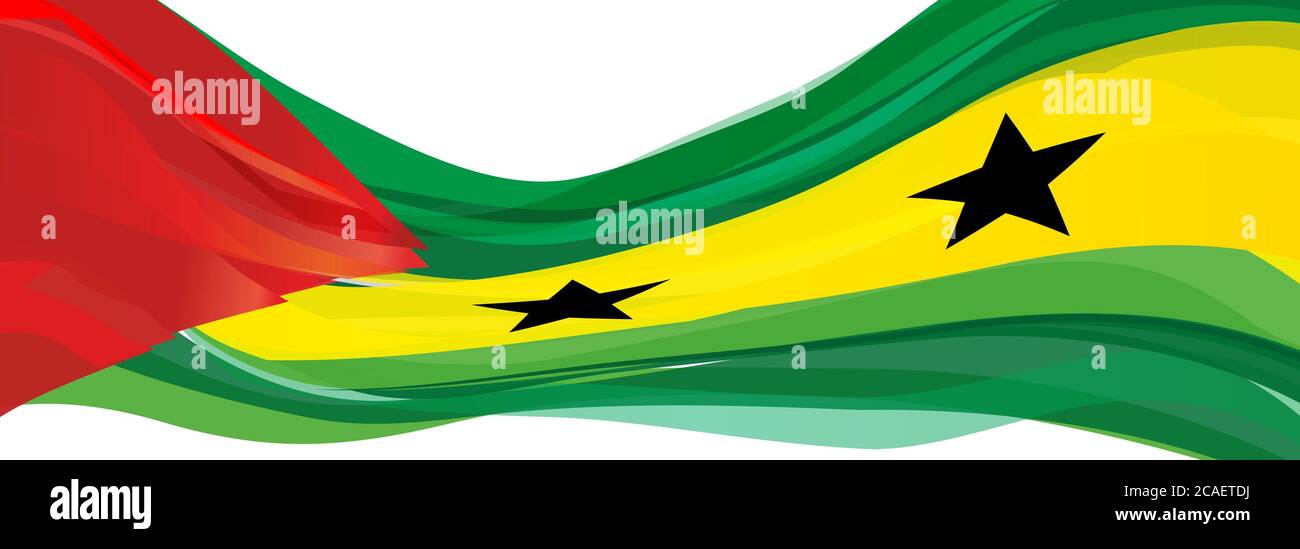 Jaune vert avec un triangle rouge et cinq étoiles noires pointues sur le drapeau de la République démocratique de Sao Tomé-et-principe Banque D'Images