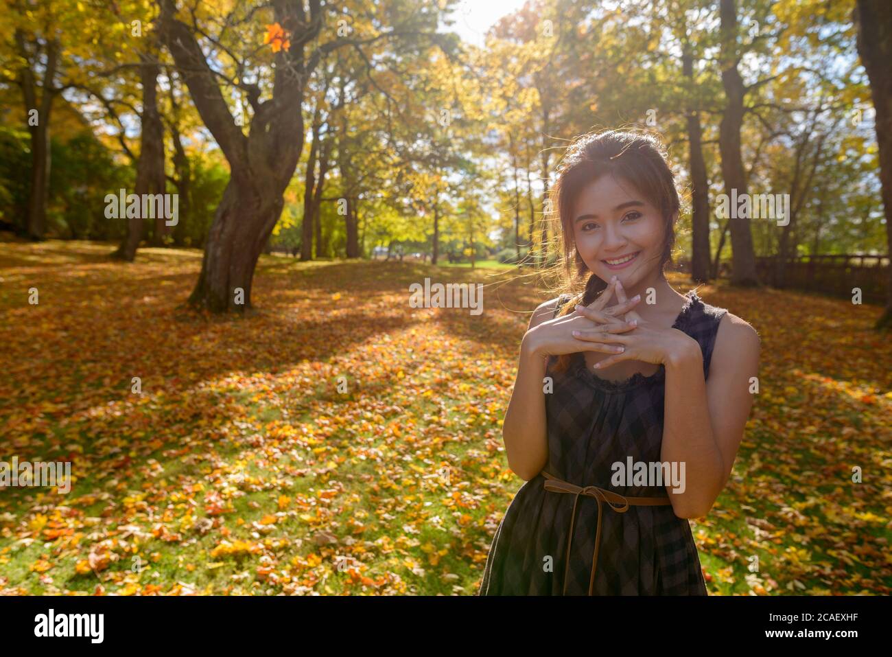 Jeune femme asiatique heureuse souriant avec les doigts entremêlés entouré d'arbres d'automne pittoresques dans la forêt Banque D'Images