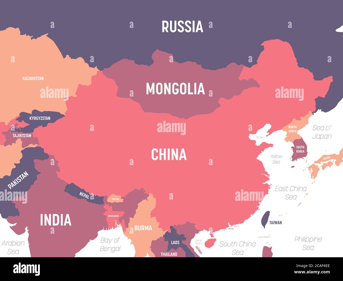 Carte de la Chine. Carte politique détaillée de la Chine et des pays voisins avec étiquetage des noms de pays, d'océan et de mer. Illustration de Vecteur
