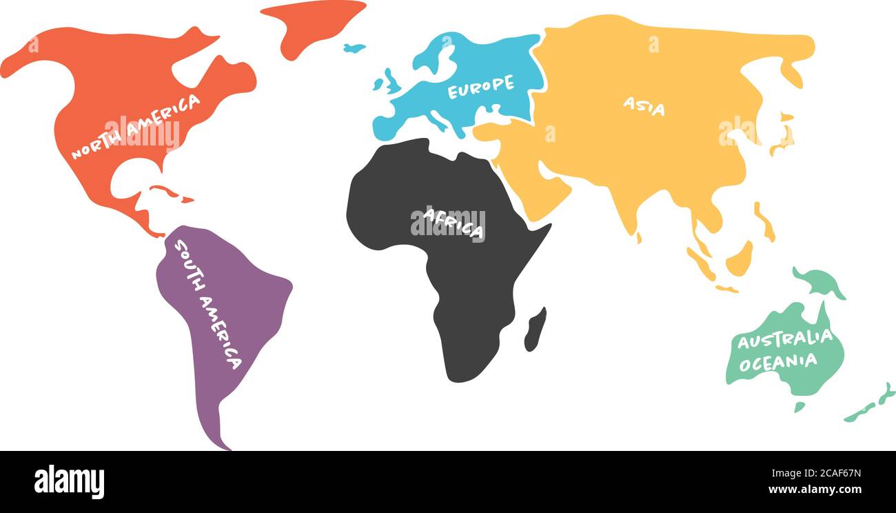 Carte du monde multicolore divisée en six continents dans différentes couleurs - Amérique du Nord, Amérique du Sud, Afrique, Europe, Asie et Australie Océanie. Carte vectorielle de silhouette simplifiée avec étiquettes de nom de continent. Illustration de Vecteur