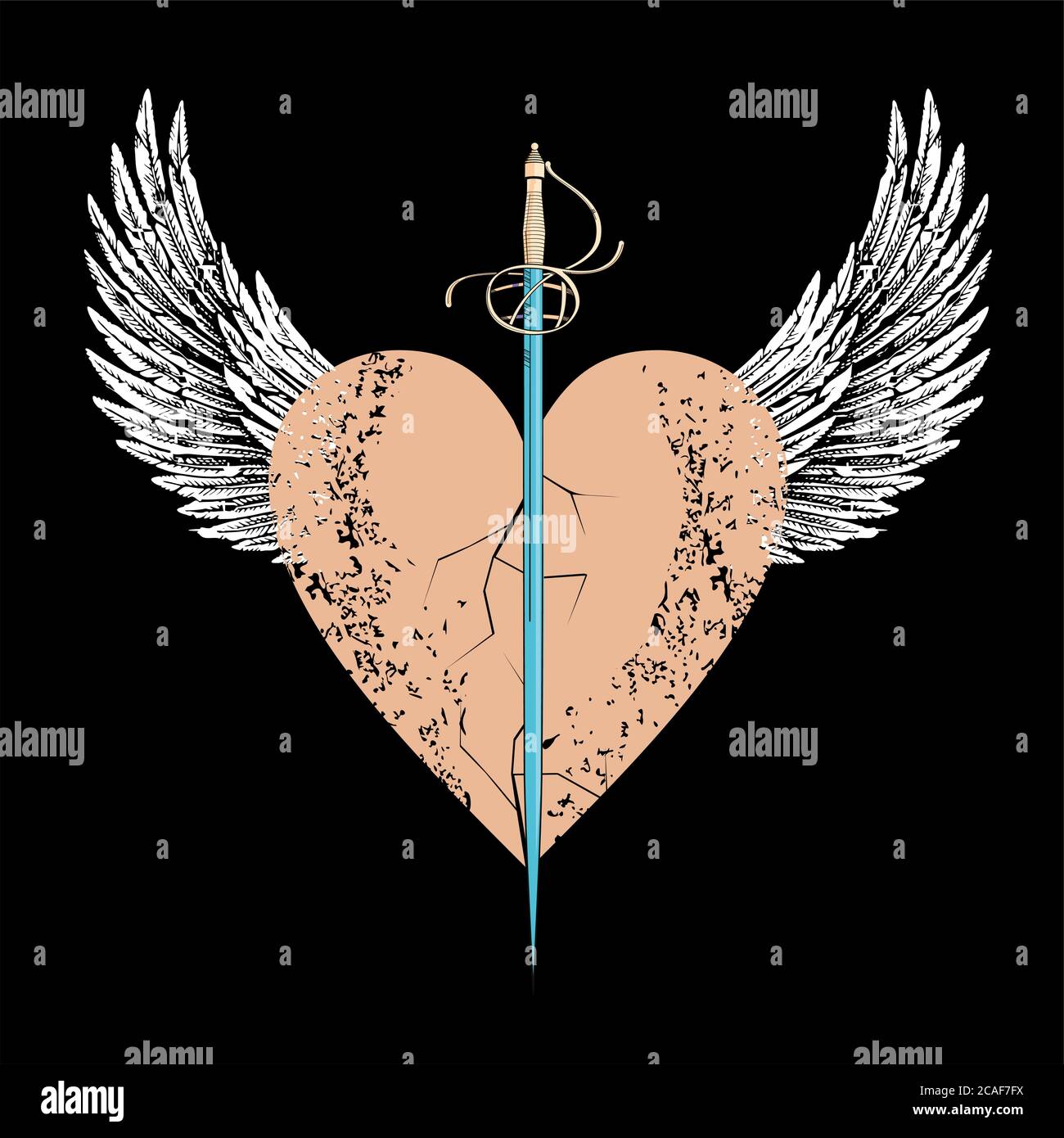 Motif vectoriel pour t-shirt d'une épée au-dessus d'un coeur ailé isolé sur noir. Illustration d'un vol de lame et de coeur. Illustration de Vecteur