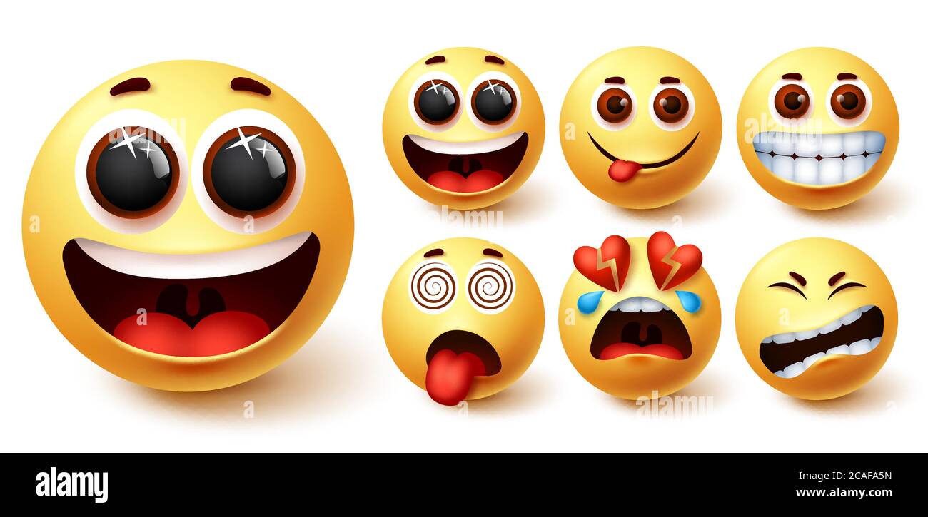 Ensemble de vecteurs émoticônes smiley. Smileys emoji visage jaune avec heureux, excité, affamé, étourdi, et l'expression du visage de coeur brisé pour les médias sociaux Illustration de Vecteur