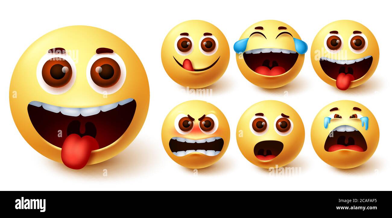 Ensemble de vecteurs émoticônes smiley. Smileys emoji mignon visage jaune avec rire, colère, rire, surprise, pleurs et sentiments heureux pour les éléments de design. Illustration de Vecteur