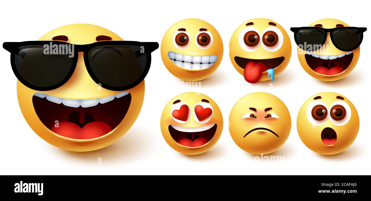 Ensemble de vecteurs émotiji smiley. Mignons smileys jaunes visage avec différents sentiments et expressions du visage comme heureux dans les lunettes de soleil, faim, surprise, dans l'amour Illustration de Vecteur Ensemble de vecteurs émotiji smiley. Mignons smileys jaunes visage avec différents sentiments et expressions du visage comme heureux dans les lunettes de soleil, faim, surprise, dans l'amour Illustration de Vecteur
