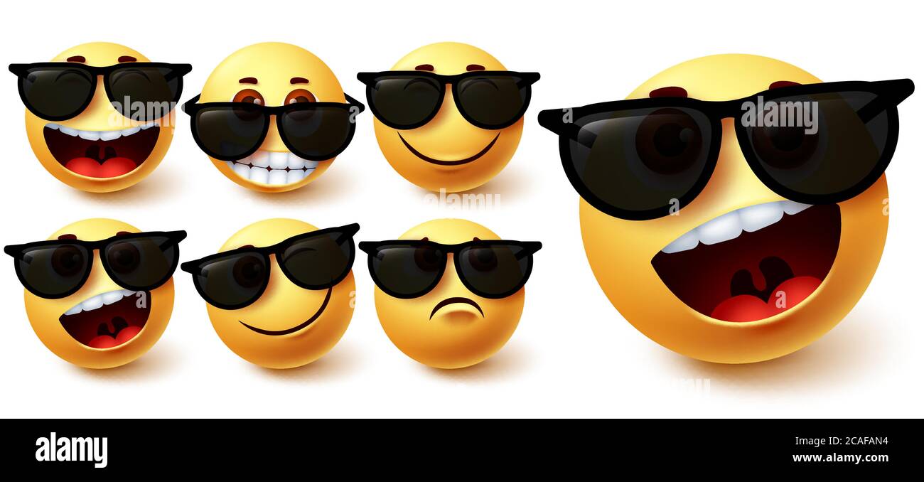 Ensemble de lunettes de soleil à motif vectoriel Smiley. Smileys personnage emoji portant des lunettes avec différentes expressions du visage comme mignon, Naughty, fou et cool Illustration de Vecteur