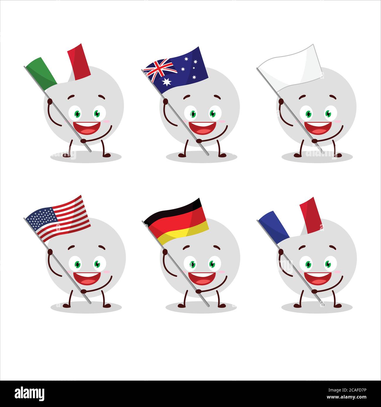 Le personnage de dessin animé de volley-ball apporte les drapeaux de divers pays Illustration de Vecteur