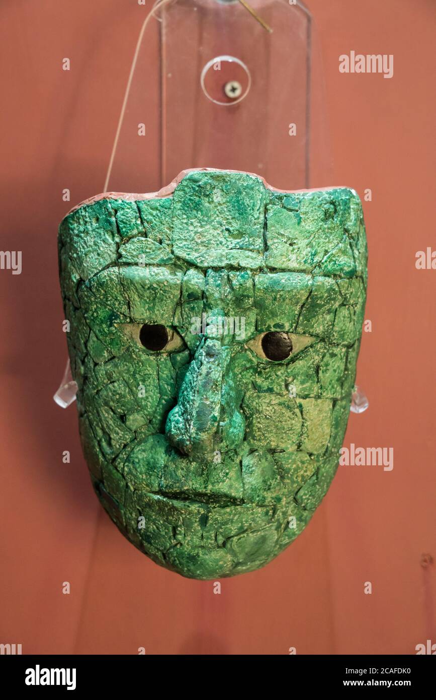 Masque funéraire malachite de la tombe de la Reine Rouge dans les ruines mayas de Palenque, Mexique. Palenque site Museum 'Alberto Ruz Lluillier'. Palenque Banque D'Images