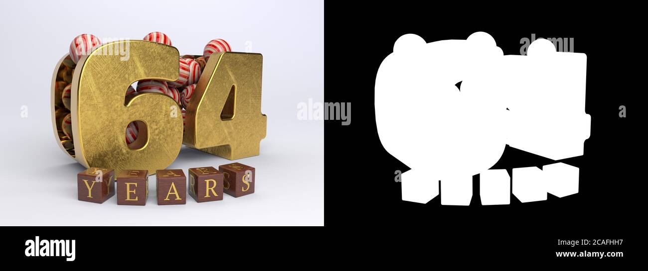 Numéro 64 (numéro soixante-quatre) anniversaire design avec bonbons ronds et l'inscription années à partir de cubes sur un fond blanc avec ombre Banque D'Images