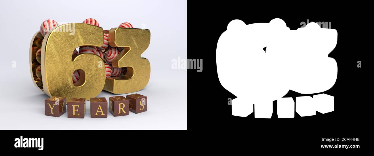 Numéro 63 (numéro soixante-trois) anniversaire de conception avec bonbons ronds et l'inscription années à partir de cubes sur un fond blanc avec shado Banque D'Images