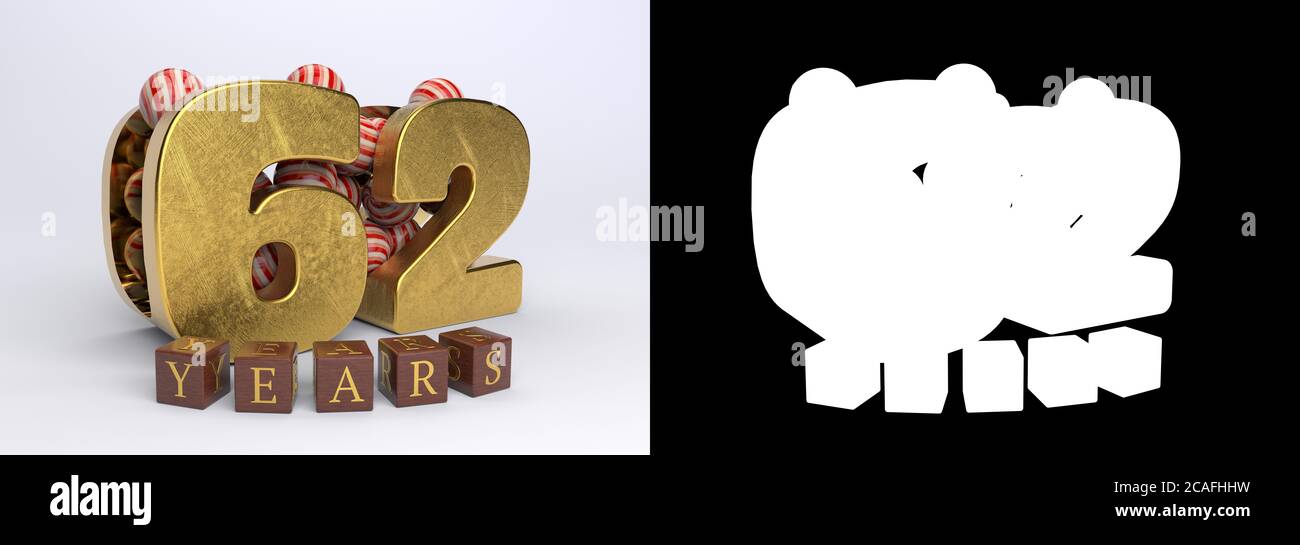 Numéro 62 (numéro soixante-deux) anniversaire design avec bonbons ronds et l'inscription années à partir de cubes sur un fond blanc avec ombre Banque D'Images