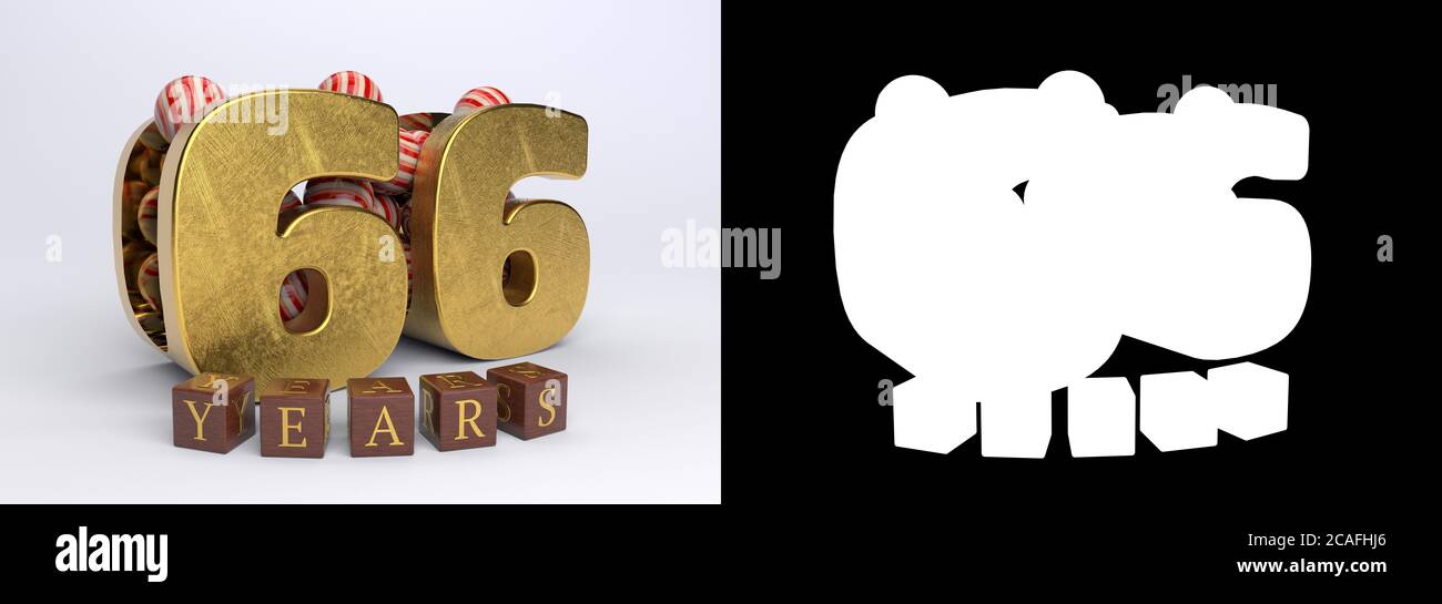 Numéro 66 (numéro soixante-six) anniversaire design avec bonbons ronds et l'inscription années à partir de cubes sur un fond blanc avec ombre Banque D'Images