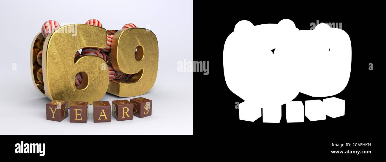 Numéro 69 (numéro soixante-neuf) anniversaire de conception avec bonbons ronds et l'inscription années à partir de cubes sur un fond blanc avec ombre Banque D'Images