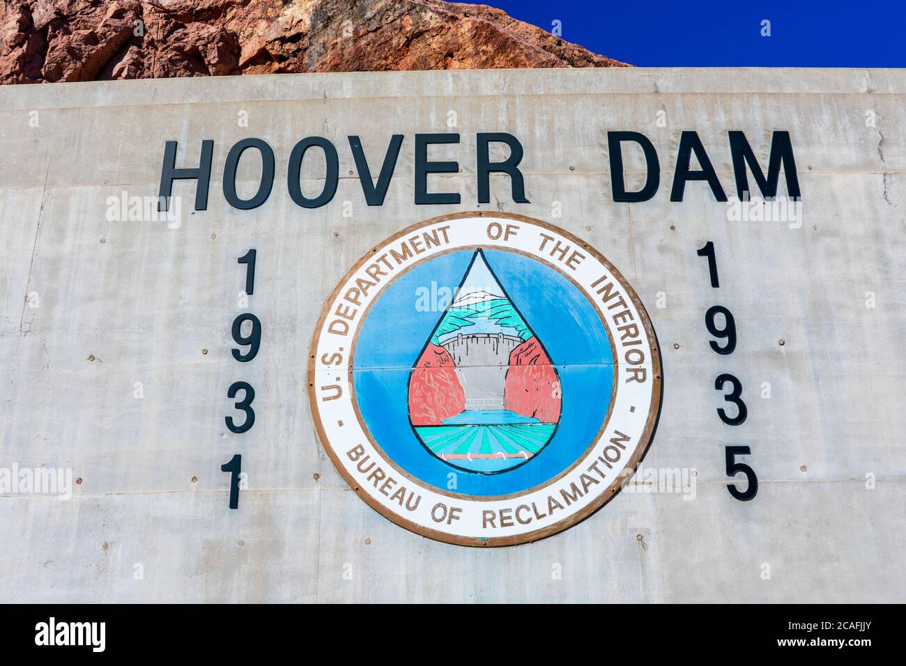 Panneau du barrage Hoover et joint du Bureau de recouvrement des États-Unis dans le béton. Le barrage Hoover a été construit entre 1931 et 1935 sur le fleuve Colorado - Boulder Banque D'Images