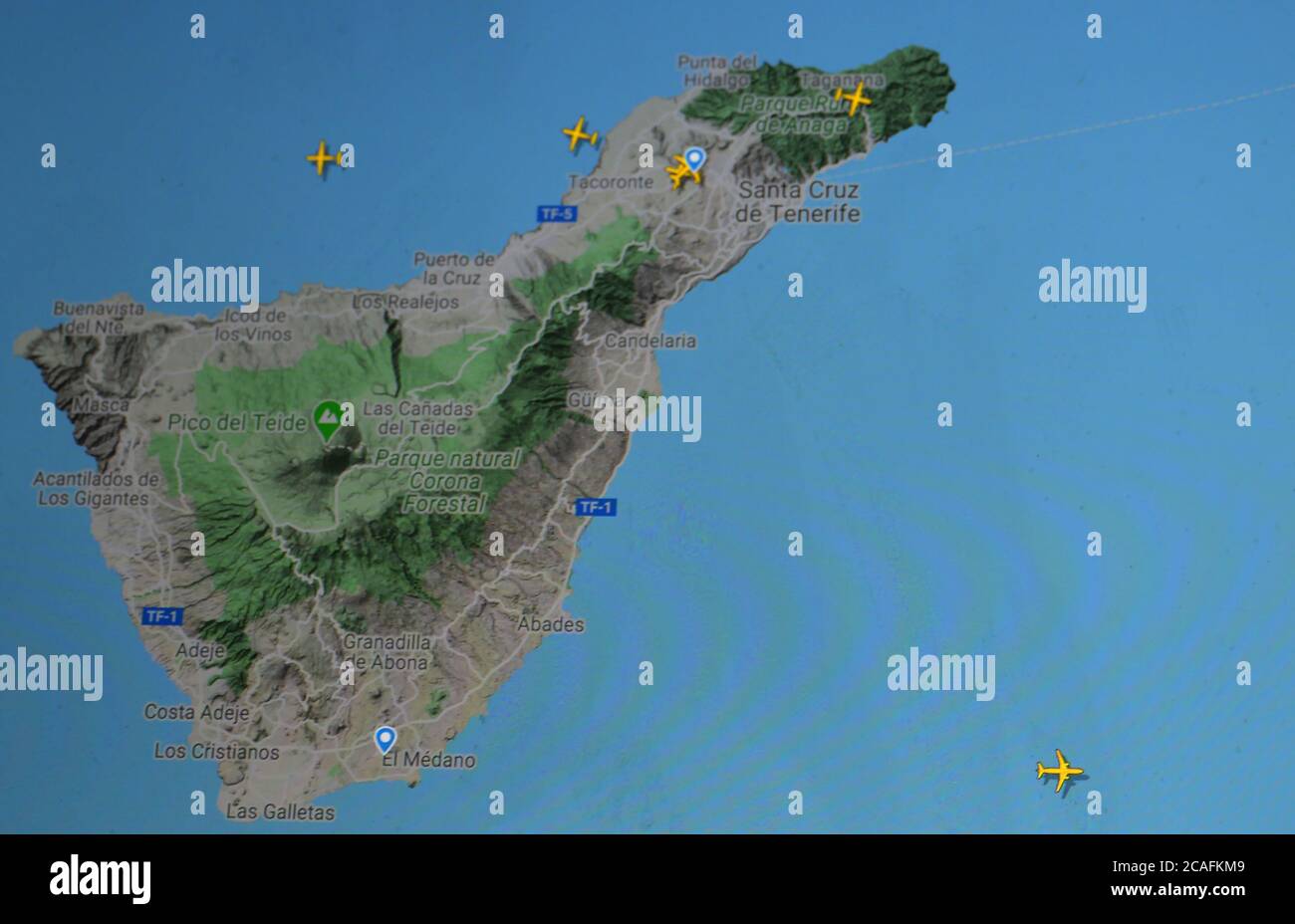 Trafic aérien sur l'île de Ténérife (29 juillet 2020, UTC 19.07) sur Internet avec le site Flightracar 24, pendant la période de pandémie du coronavirus Banque D'Images