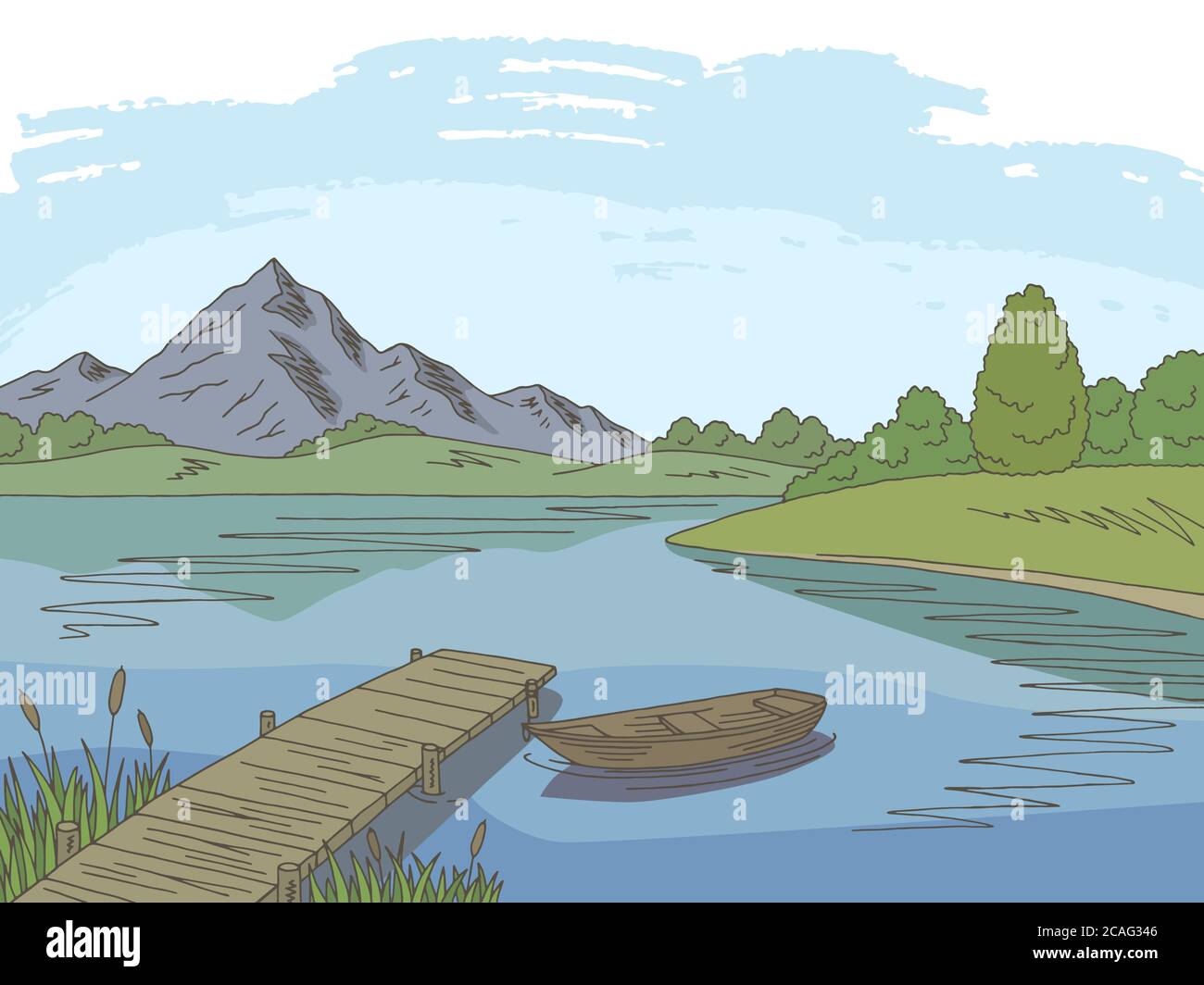 Lake Bridge graphique couleur paysage dessin vecteur d'illustration Illustration de Vecteur
