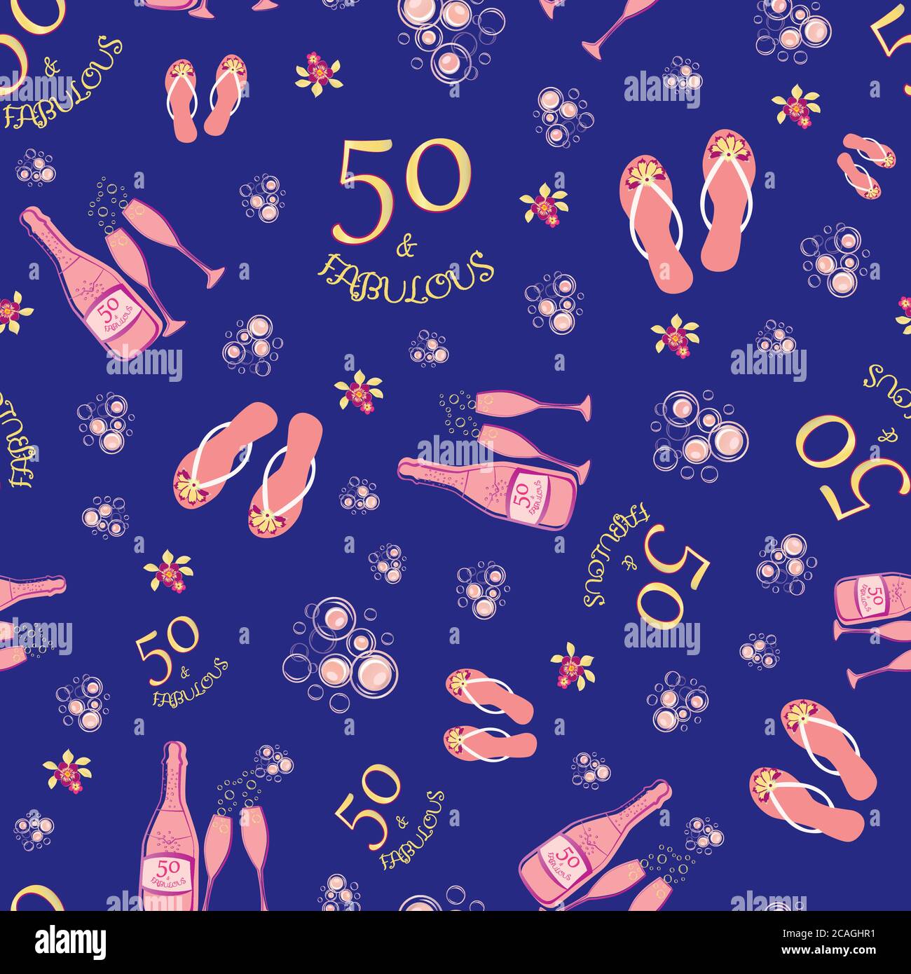 Cinquante et fabuleux fond de motif vectoriel sans couture. Rose girly, or, fond violet avec texte, tongs chaussures, bouteilles de champagne, lunettes de fizing Illustration de Vecteur