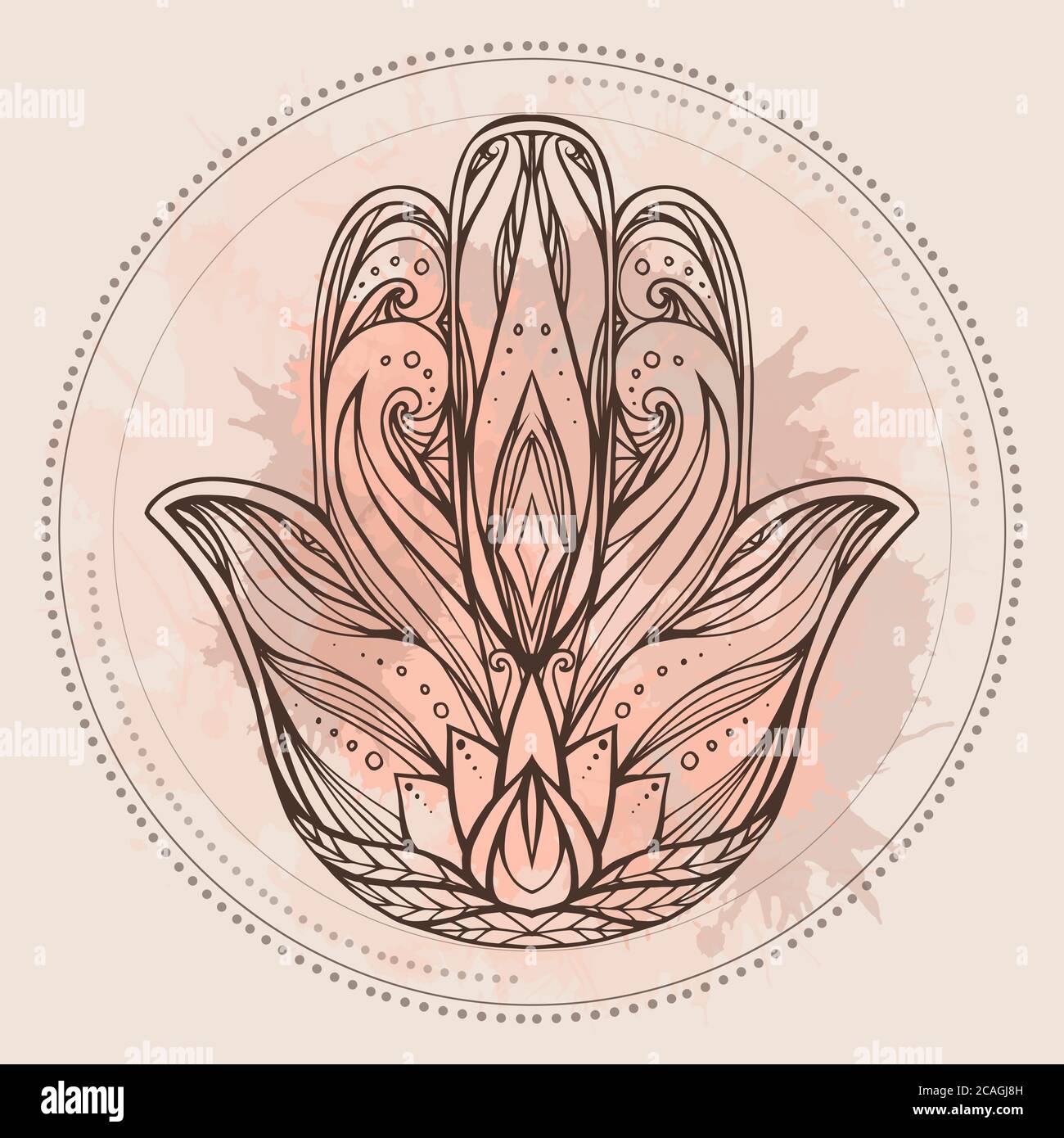 Illustration de contour Hamsa avec motif boho et éclaboussures d'aquarelle. Main de Bouddha. Élément vectoriel pour tatouages, cartes, impression sur T-shirts. Tracery Illustration de Vecteur