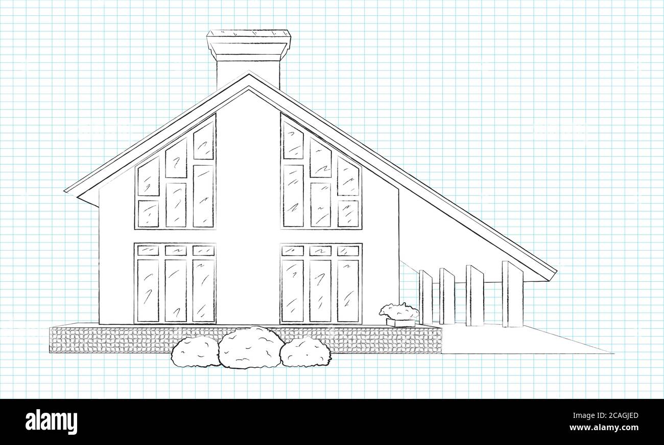 Croquis linéaire au crayon de la façade de la maison. Silhouette blanche d'une maison de type cottage. Isolé. Vecteur Illustration de Vecteur