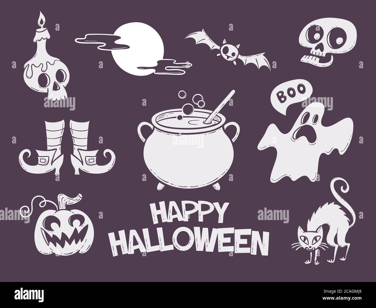 Ensemble d'éléments de décoration d'halloween dessinés à la main. Idéal pour créer des timbres, des autocollants et des transferts Illustration de Vecteur