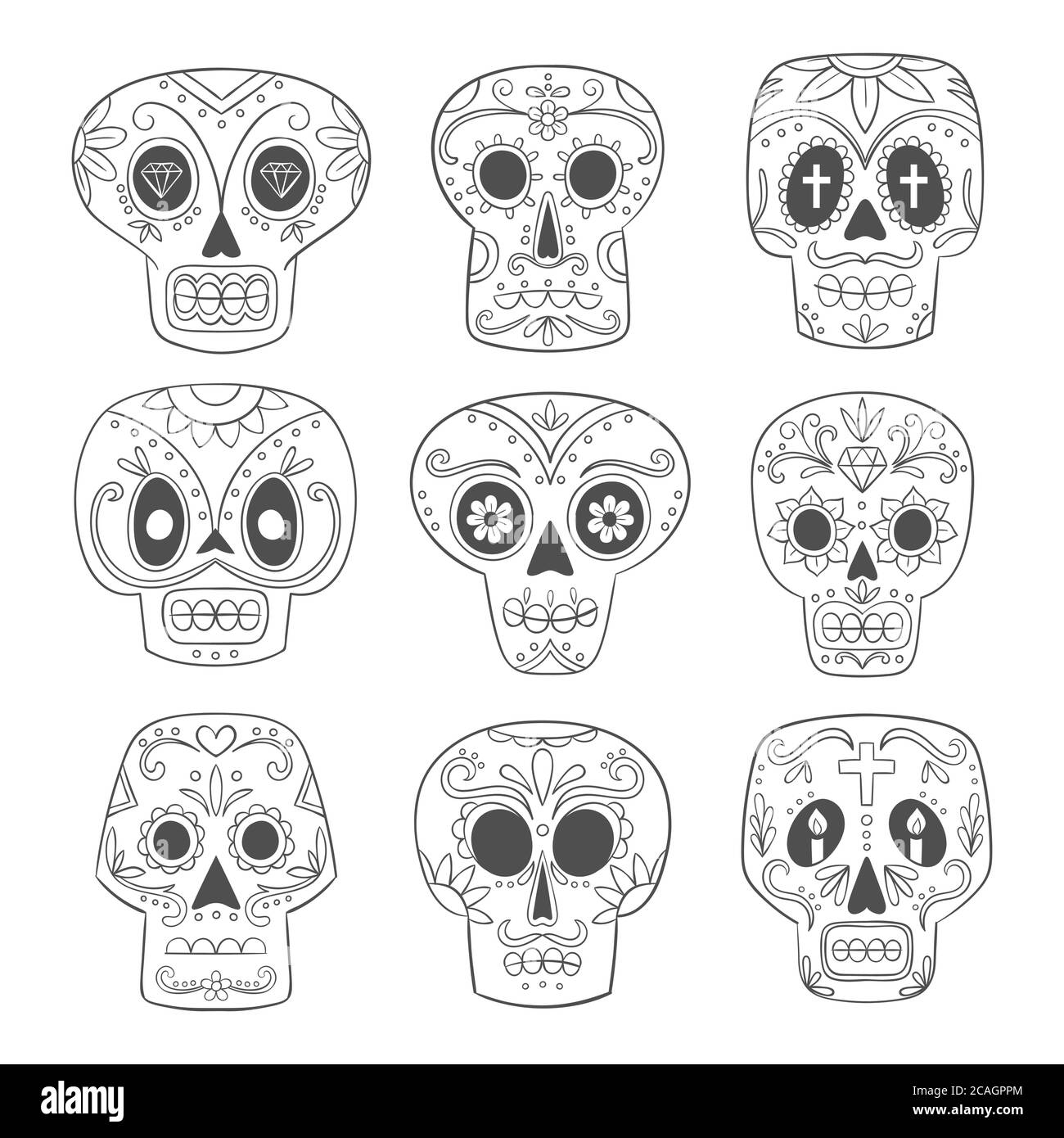 Crâne mexicain. Jolies crânes de sucre ligne simple dans un style de dessin animé. Illustration vectorielle. Illustration de Vecteur