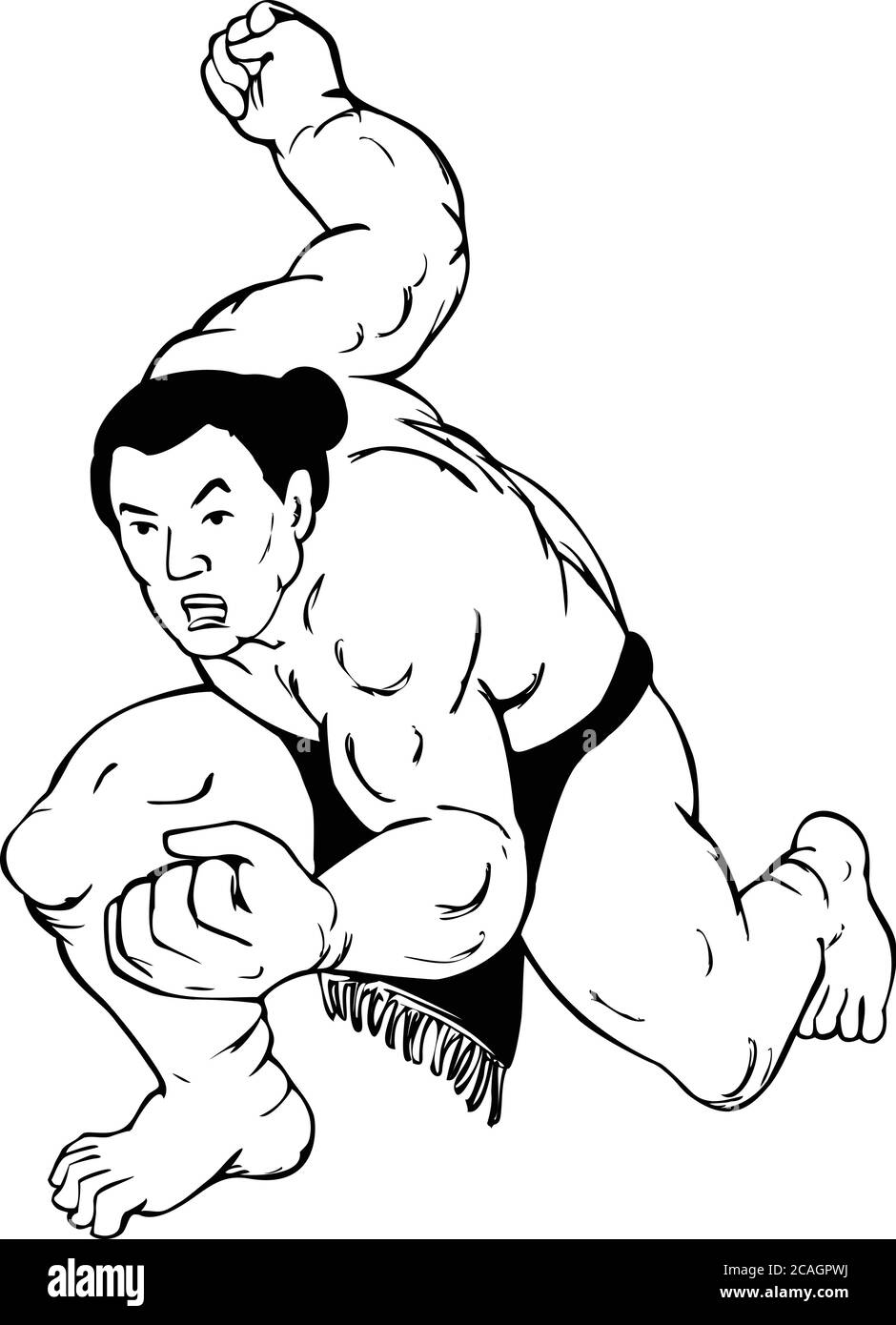 Illustration de style Ukiyo-e ou ukiyo d'un lutteur sumo professionnel ou rikishi en position de combat vu de l'avant sur un fond isolé fait en bla Illustration de Vecteur