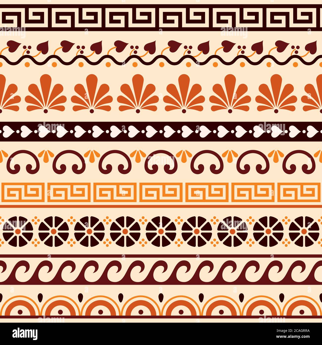 Ensemble de motifs clés grecs, vagues et motifs géométriques vectoriels sans couture - décor de vase ancien dans les tons marron, orange et jaune Illustration de Vecteur