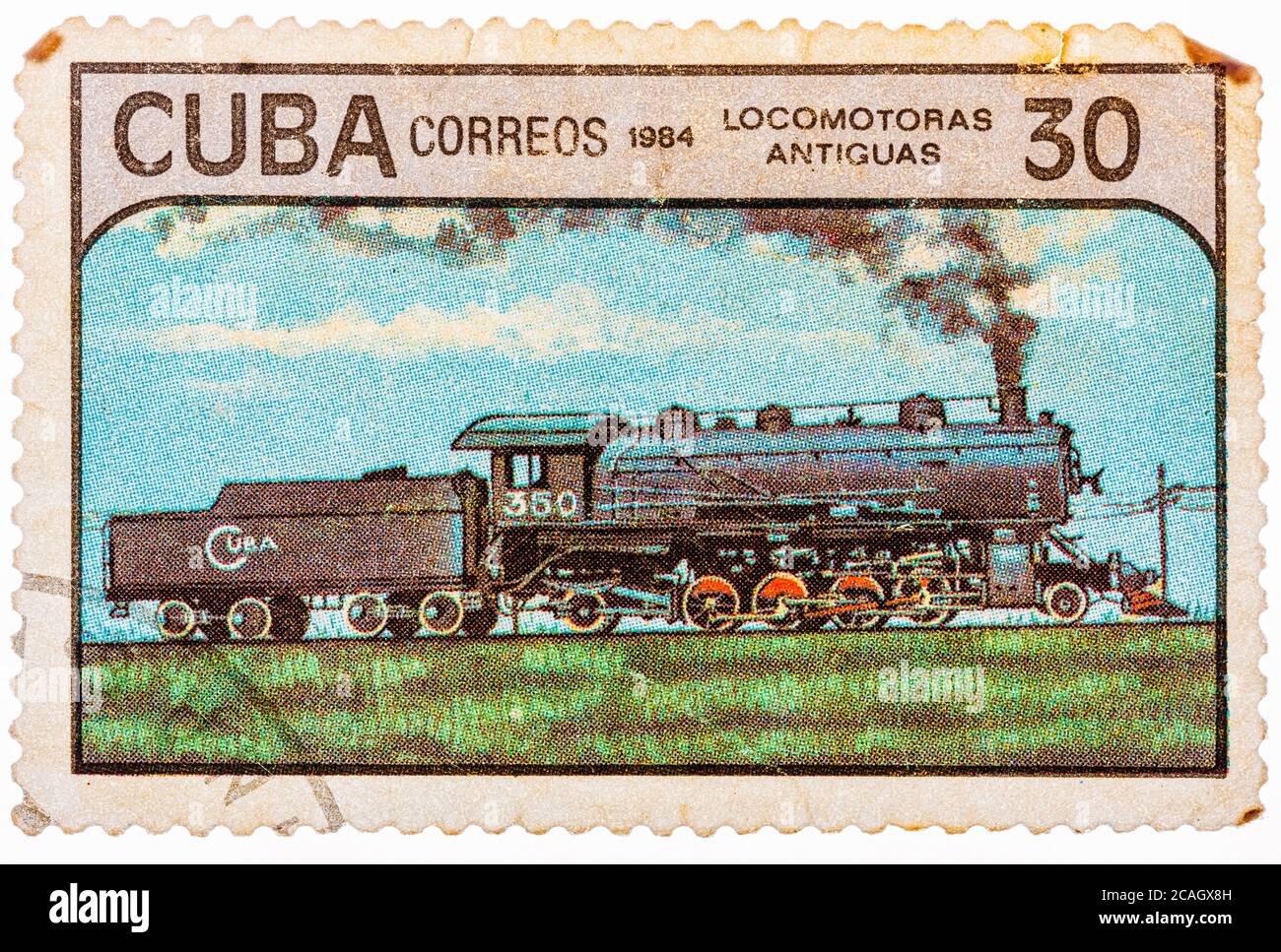 Les timbres-poste imprimés à CUBA montrent les trains et les locomotives Banque D'Images