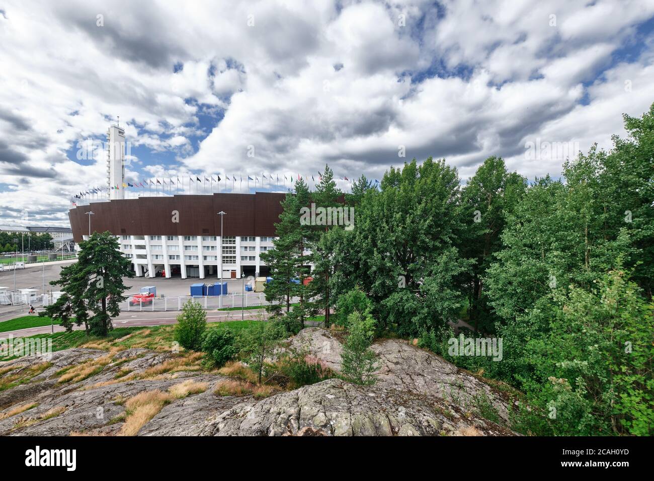 Helsinki, Finlande - 1er août 2020 : façade du stade olympique d'Helsinki après rénovation. Banque D'Images