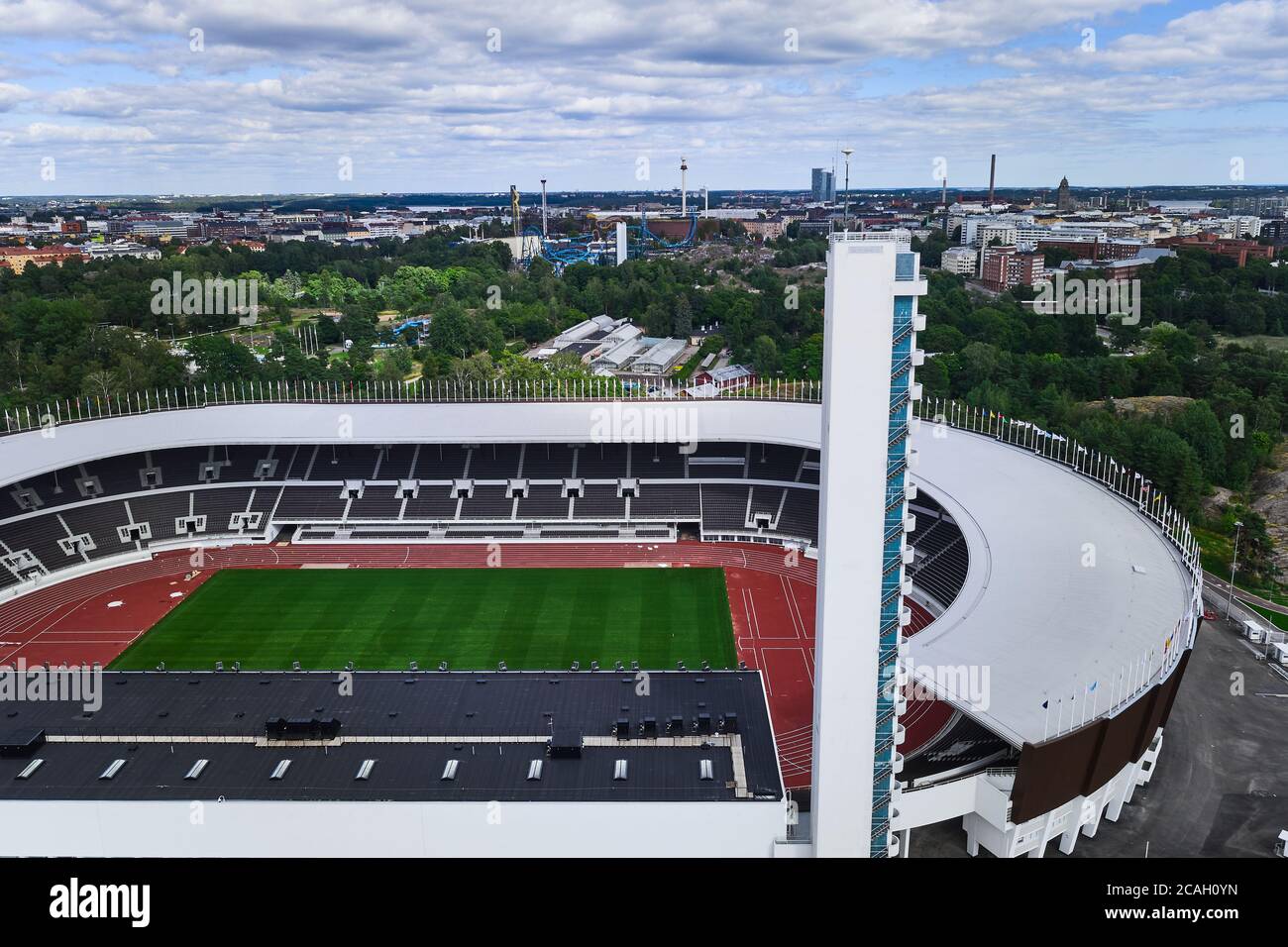 Helsinki, Finlande - 1er août 2020 : vue Arial du stade olympique d'Helsinki après rénovation. Banque D'Images