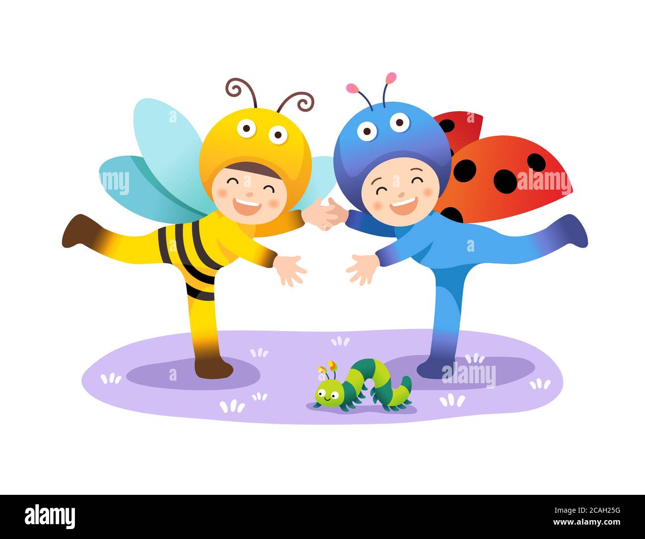 Éducation des enfants, les enfants jouent dans de mignons costumes d'insectes. Fond blanc, illustration vectorielle. Illustration de Vecteur