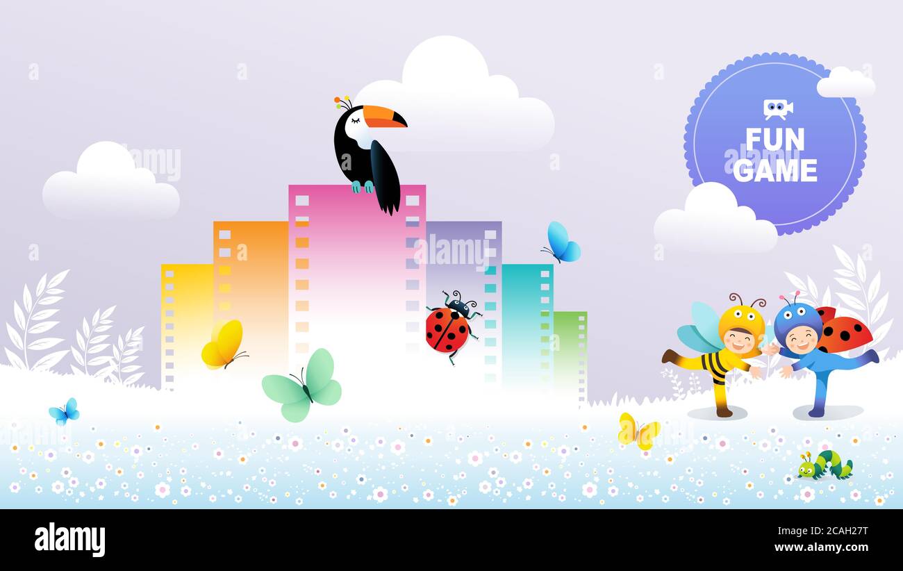 Le concept de jeu pour enfants, les enfants en costumes d'insectes mignons regarder des vidéos et imiter le comportement des insectes. Nature paysage fond, illustration Vactor. Illustration de Vecteur